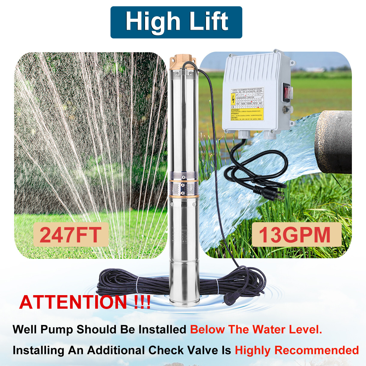 3'' OD 1HP Deep Well Submersible Pump 230V 13GPM 247ft Stainless Steel 100' Cord