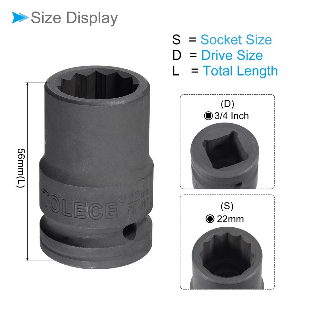Impact Socket 3/4" Drive 22mm Socket 56mm 12 Point for DIY Hand Making