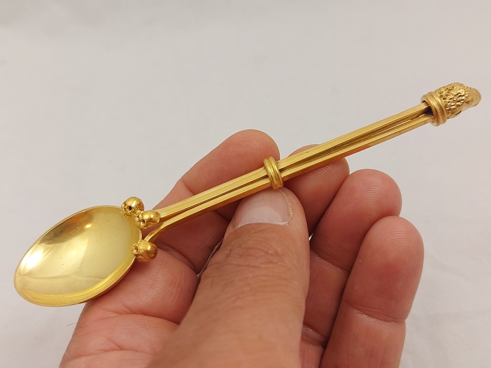 Antique Victorian Memento Mori Skull Solid Silver Gilt Spoon