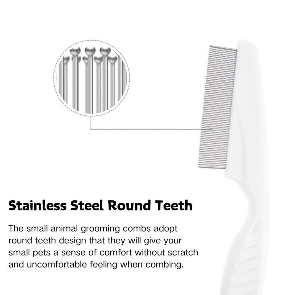 Stainless Steel Rounded Teeth Grooming Comb for Small Pets - 2 Pack, White