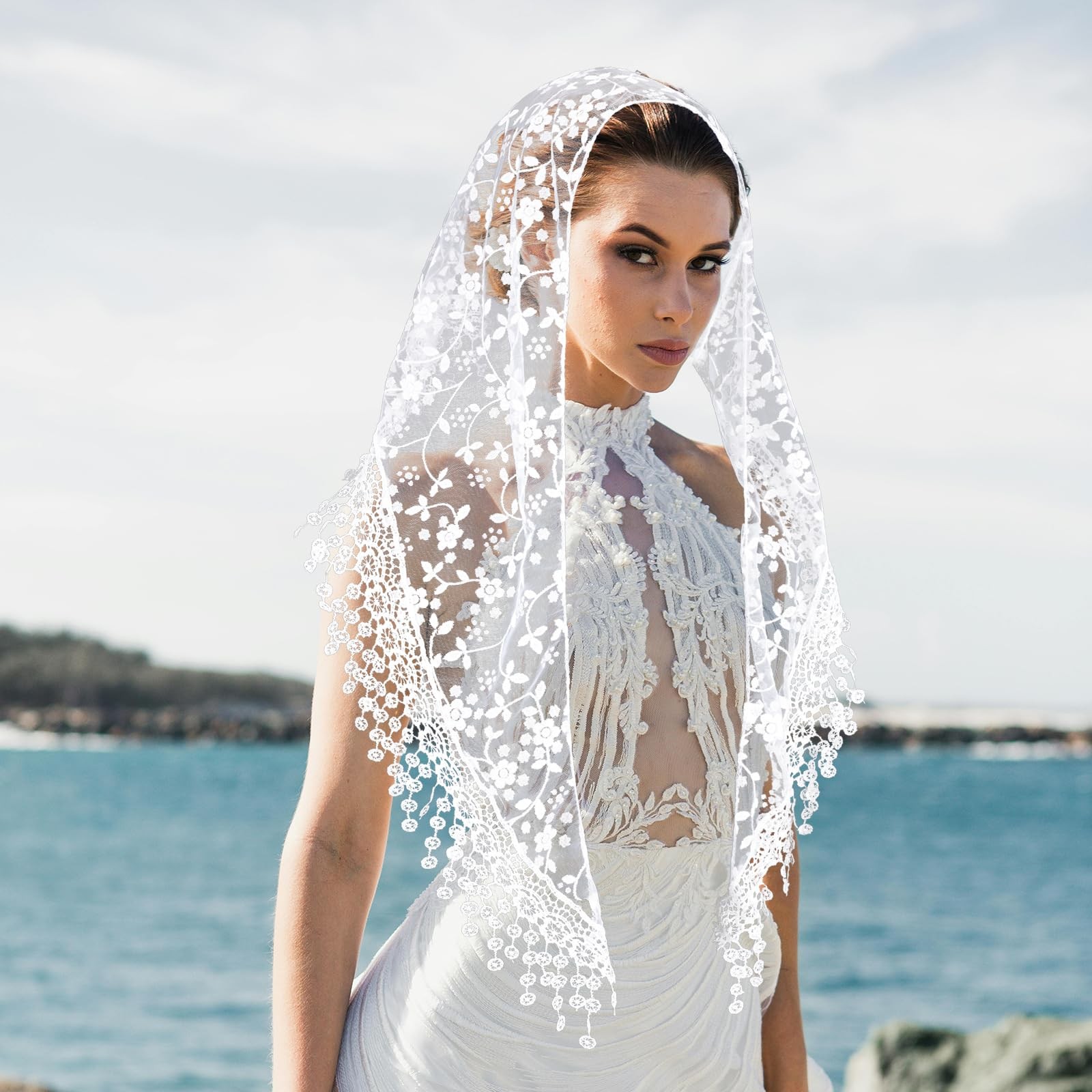 JJUNW 2 Pcs Mass Veil Triangle Mantilla Cathedral Head Large, Black,white