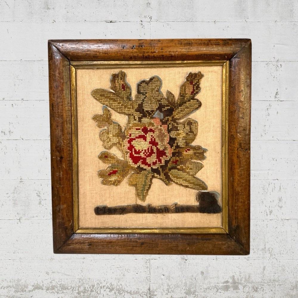 Antique Needlework in Antique Frame Pre 1900 11x12