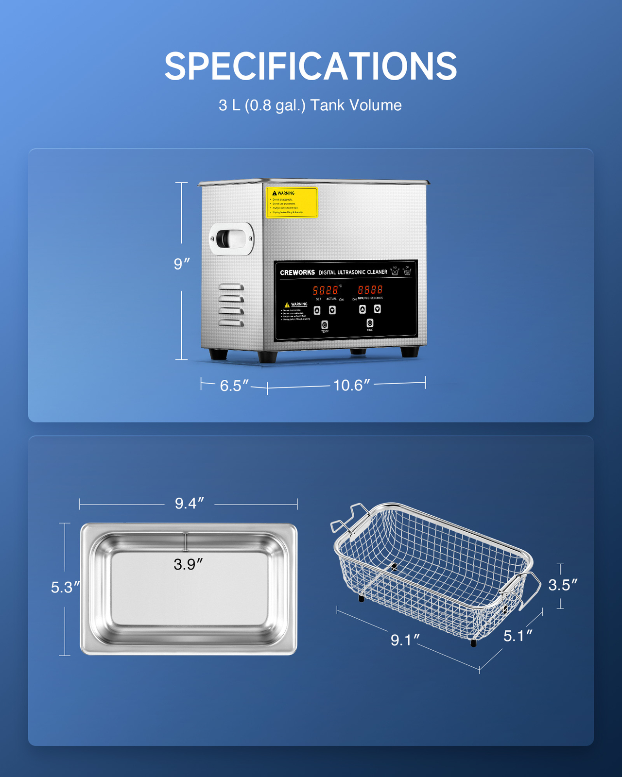 CREWORKS Ultrasonic Cleaner 3L Stainless Steel Industry Heated Heater w/Timer