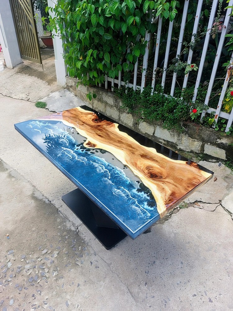 Personalized Unique Live Edge Resin Epoxy Table, Custom Blue Ocean Epoxy Resin