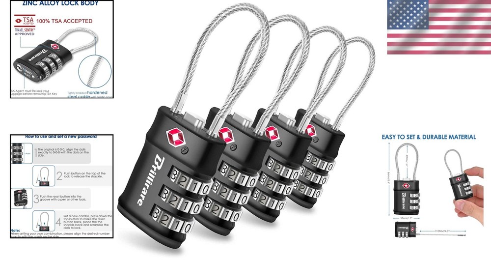 4-Pack TSA Approved Locks: Waterproof 3-Digit Travel Cable Locks for Security