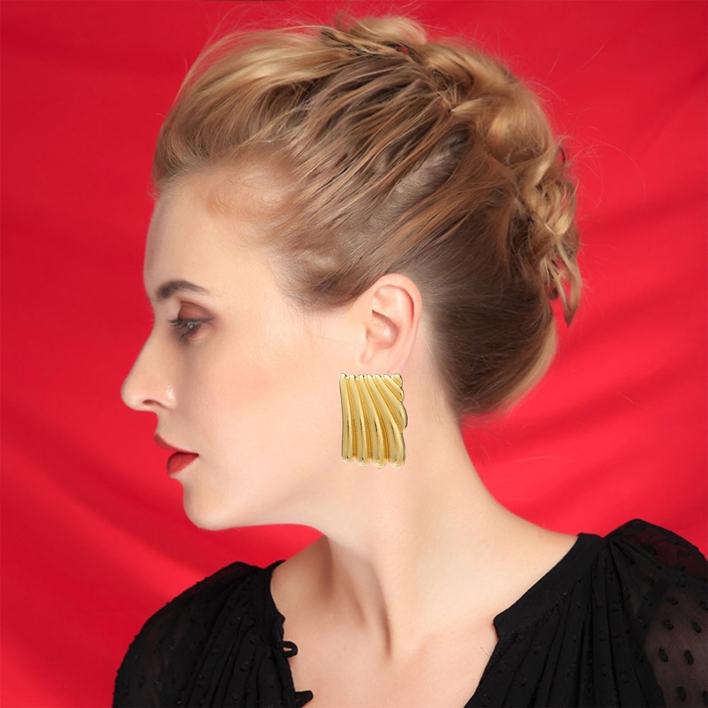 Minimalist Alloy Chunky Striped Rectangle Geometric Square Statement Stud Ear...