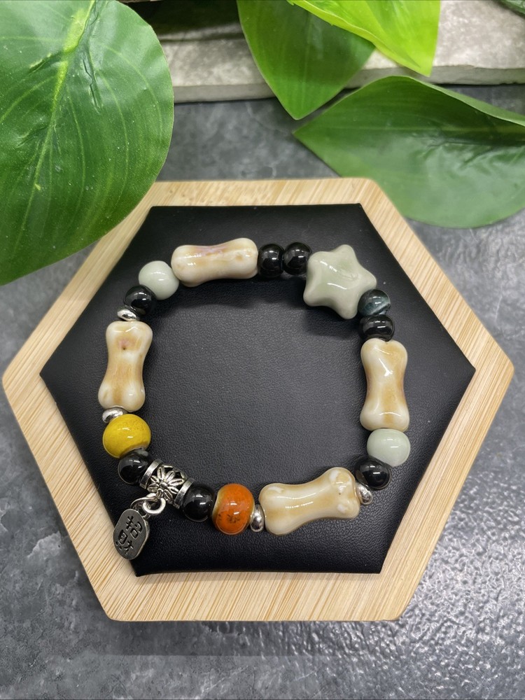Handmade Ceramic Bead Beaded Stackable 6” Plus Stretch Bracelet New B315