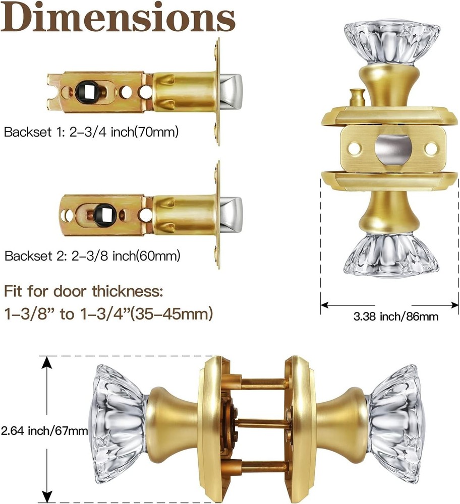 Premium Glass Door Knobs, Bathroom Bedroom Door Knobs with Lock, Privacy Gold Do