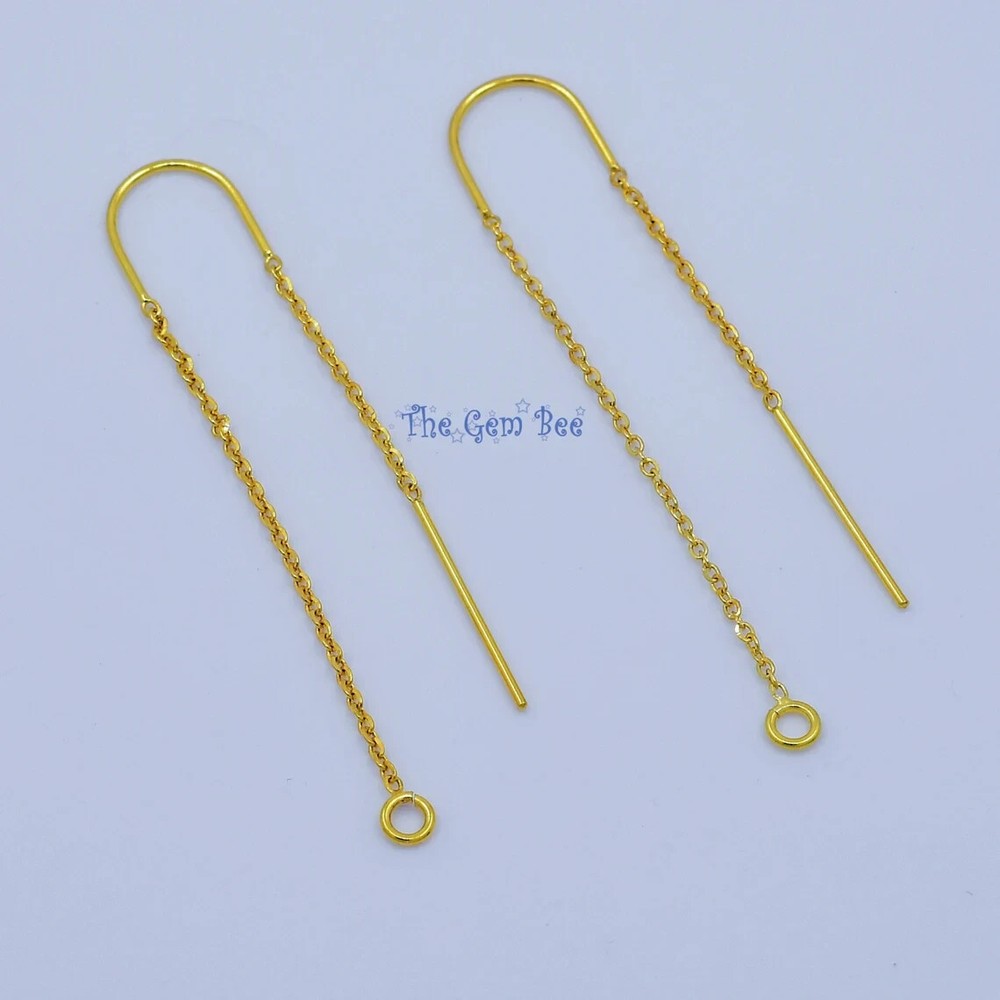 18K Solid Yellow Gold Ear Thread Earwire with loops 1.85 Inch Length