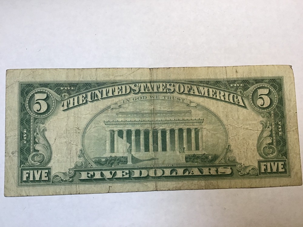 1963 or 1953 Five Dollar Red Seal $5 Red Seal Note US, 1 note