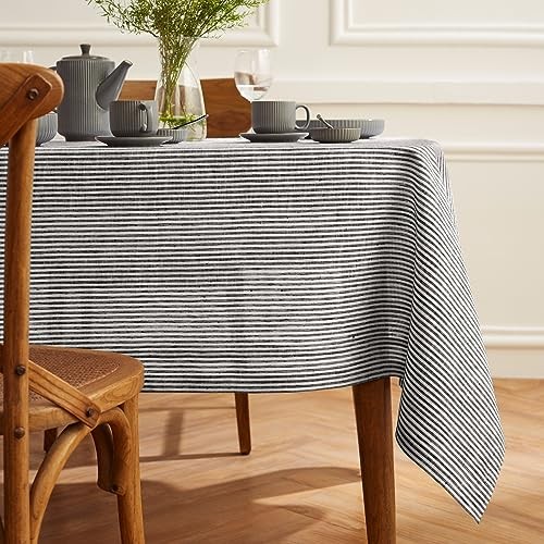 Linen Striped Tablecloth 60 x 90 Inch - 90" x 60" (Rectangular) Black & White