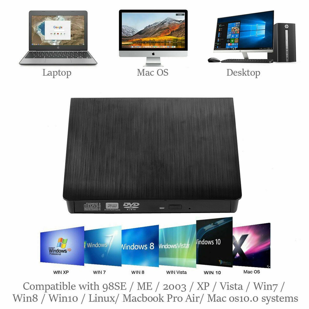 Slim External CD/DVD Drive USB 3.0 Player Burner Reader for Laptop PC Mac HP