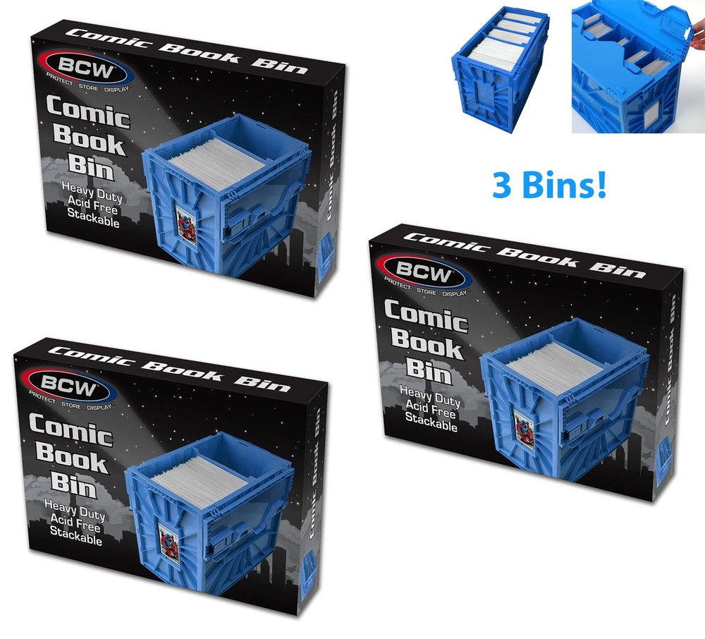 X3 BCW Comic Book Storage Bins Heavy Duty Plastic Boxes Stackable Hold 150 Blue