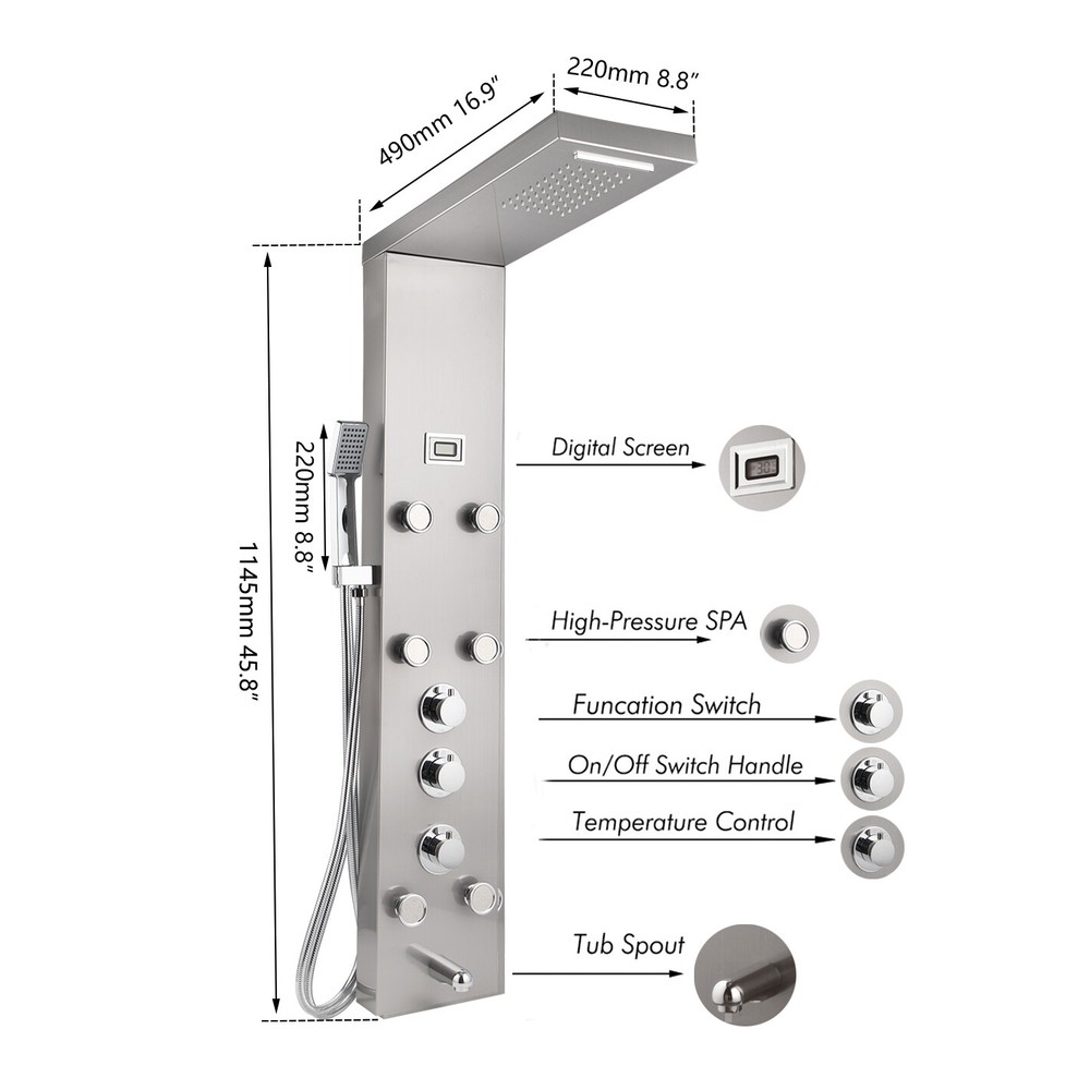 Bathroom Shower Panel Column Rainfall 6 Massage Jets Display Mixer Valve Tap Set