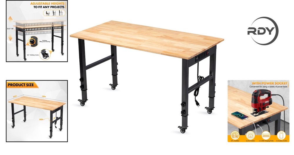 Eco-Friendly Rubber Wood Workbench with 2000 LBS Capacity - Adjustable & Mobile