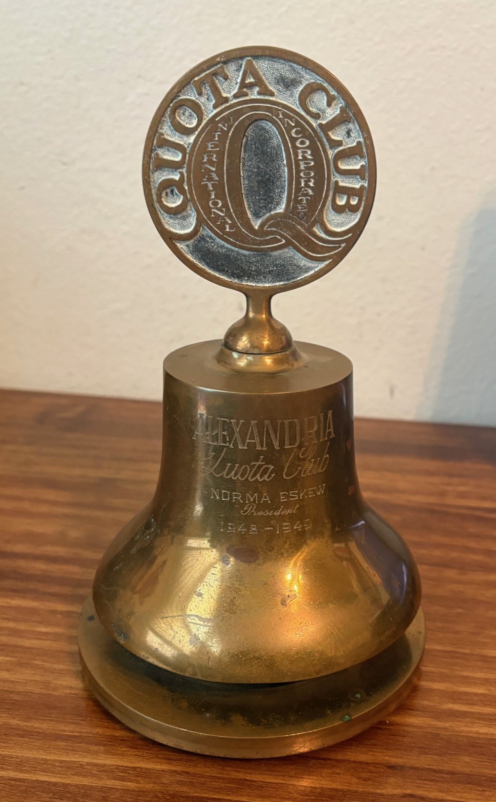 Vintage 1940s Quota Club  Call to Meeting Podium Cast Bronze Bell - 9.75"