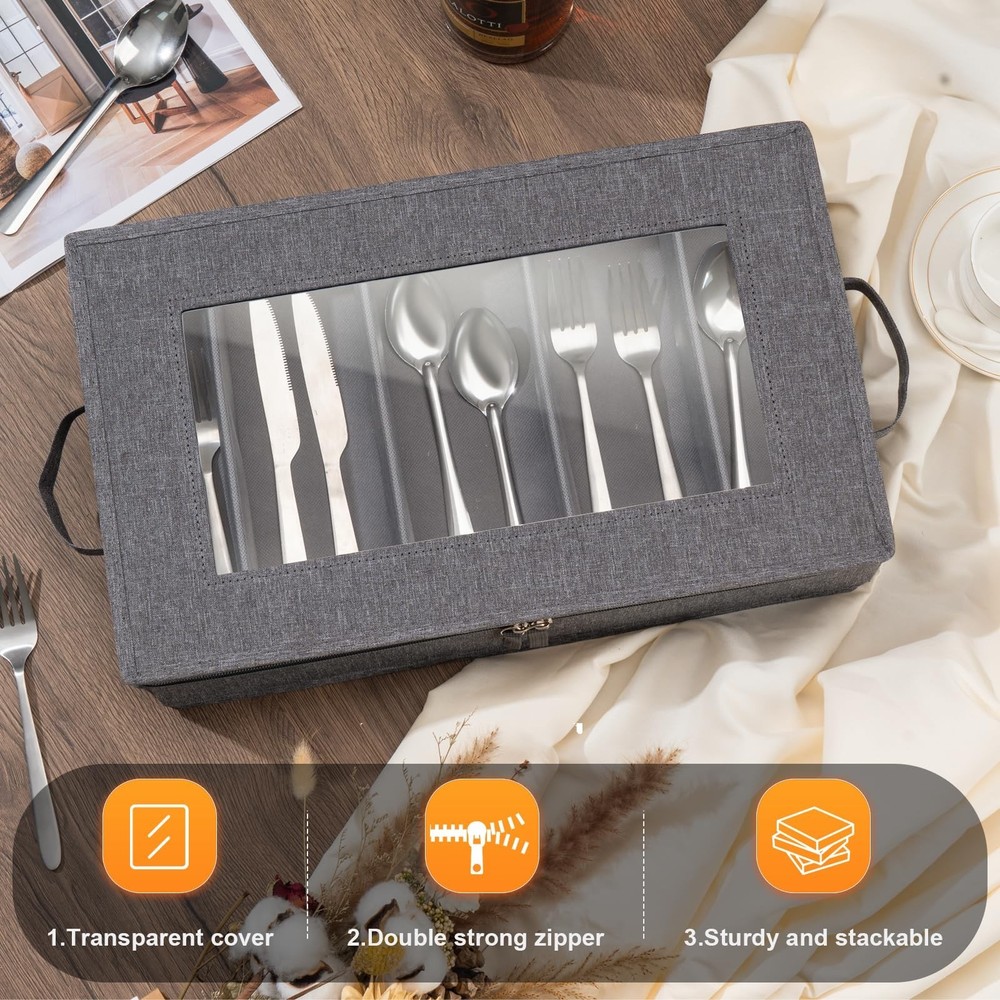 Flatware Utensil Storage Case, Silverware Storage Box Chest with Adjustable D...