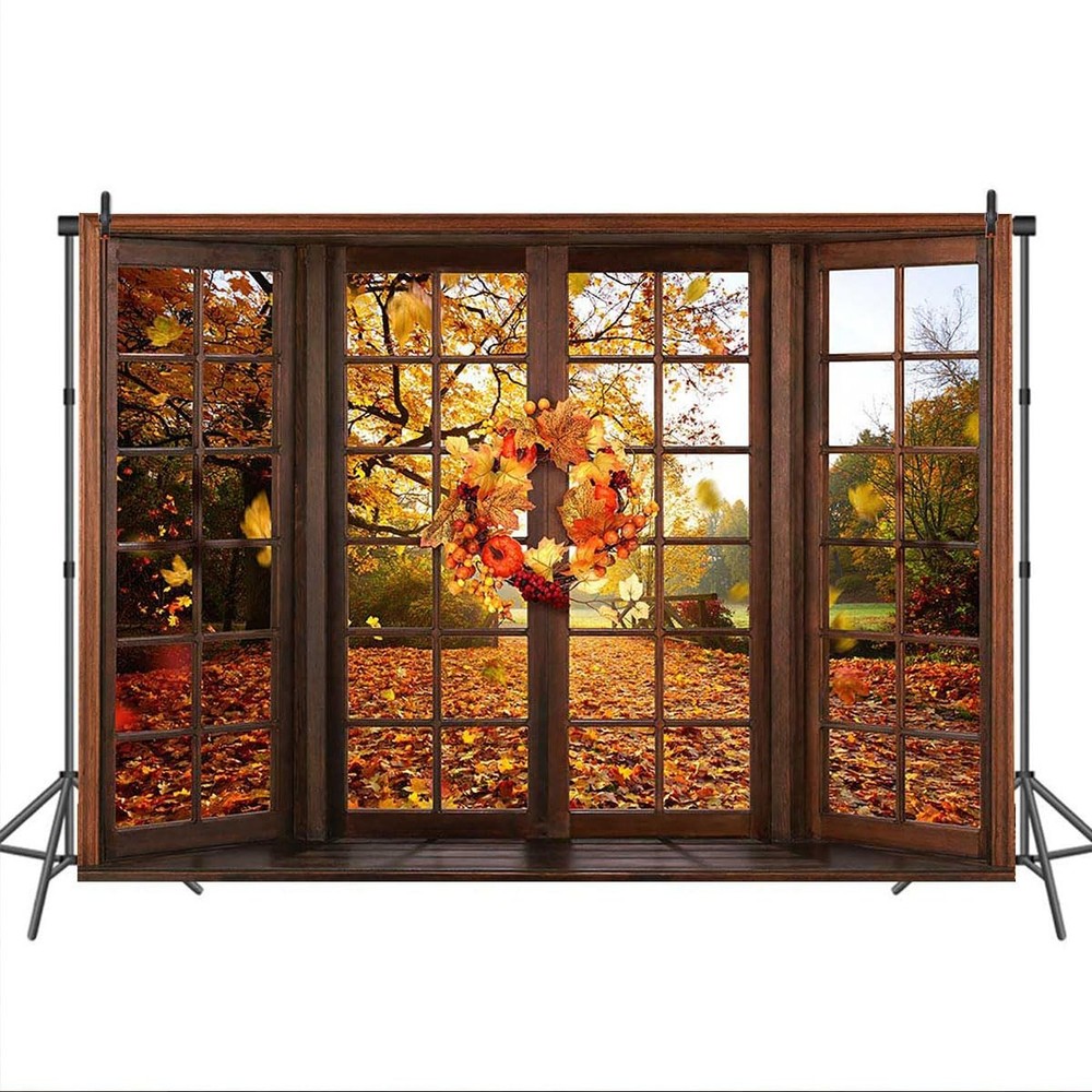 7x5ft Fall Backdrop Window Maple Leaves Fall Forest Photography Backdrop Autu...