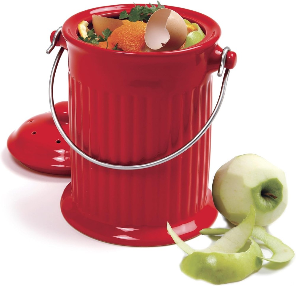 1 Gallon Red Ceramic Compost Keeper with Stainless Steel Handle & Filter
