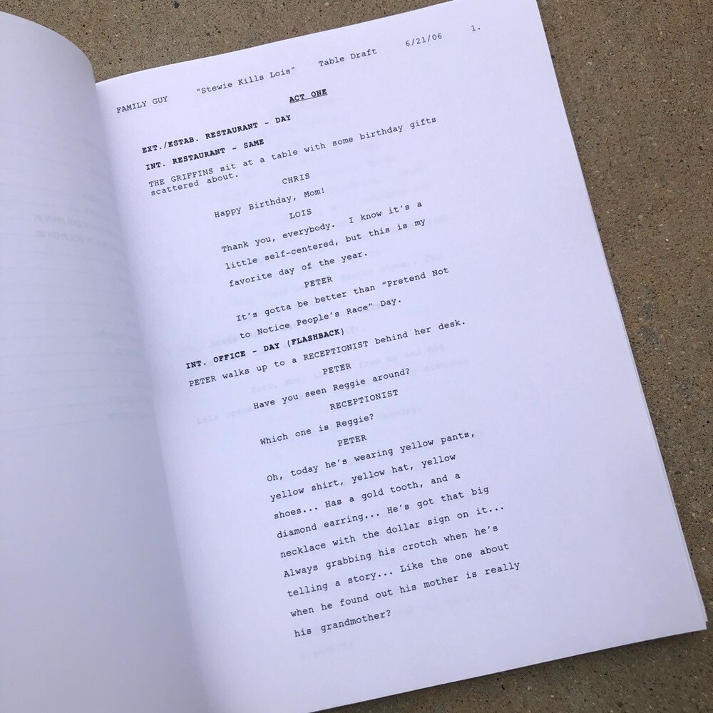 Family Guy 100th Episode 2006 Stewie Kills Lois Original Table Draft Script