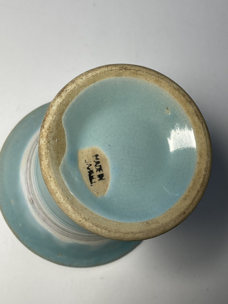 Blue Ceramic Footed Vase with Red Thread Patterns Crackle Made in Japan 5.25”