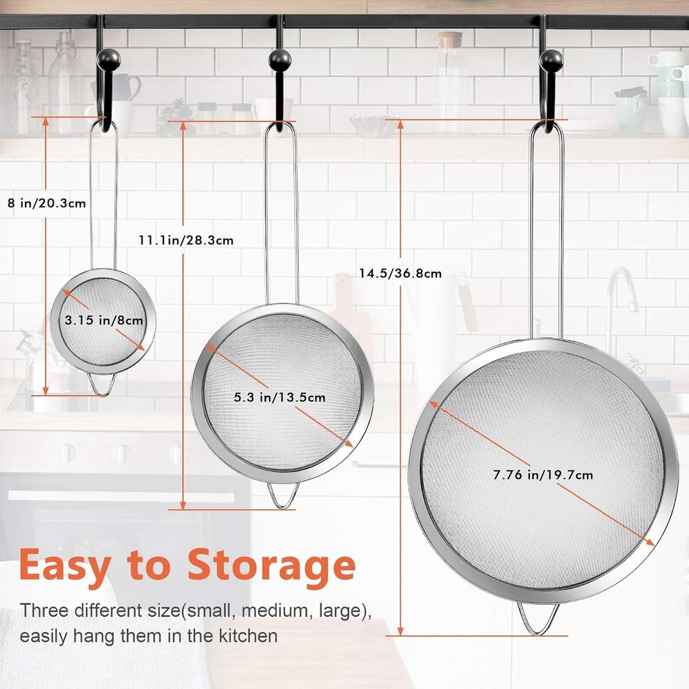 3Pcs Super Wire Extra Fine Mesh Strainer with Handle, Small Medium Silver