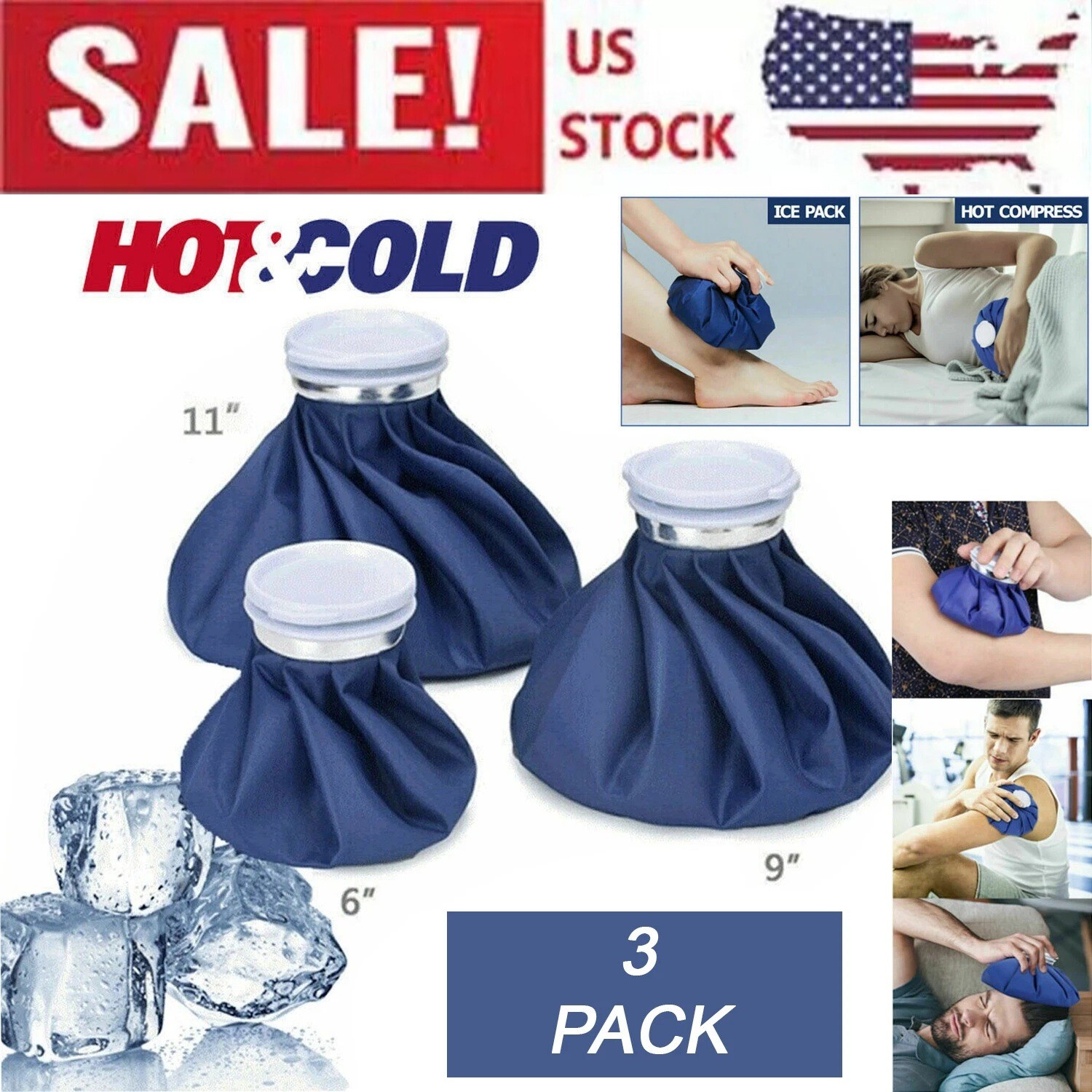 3PCS Ice Bags Packs Knee Neck Reusable Cold Relief Pain Headache Sport Injury US
