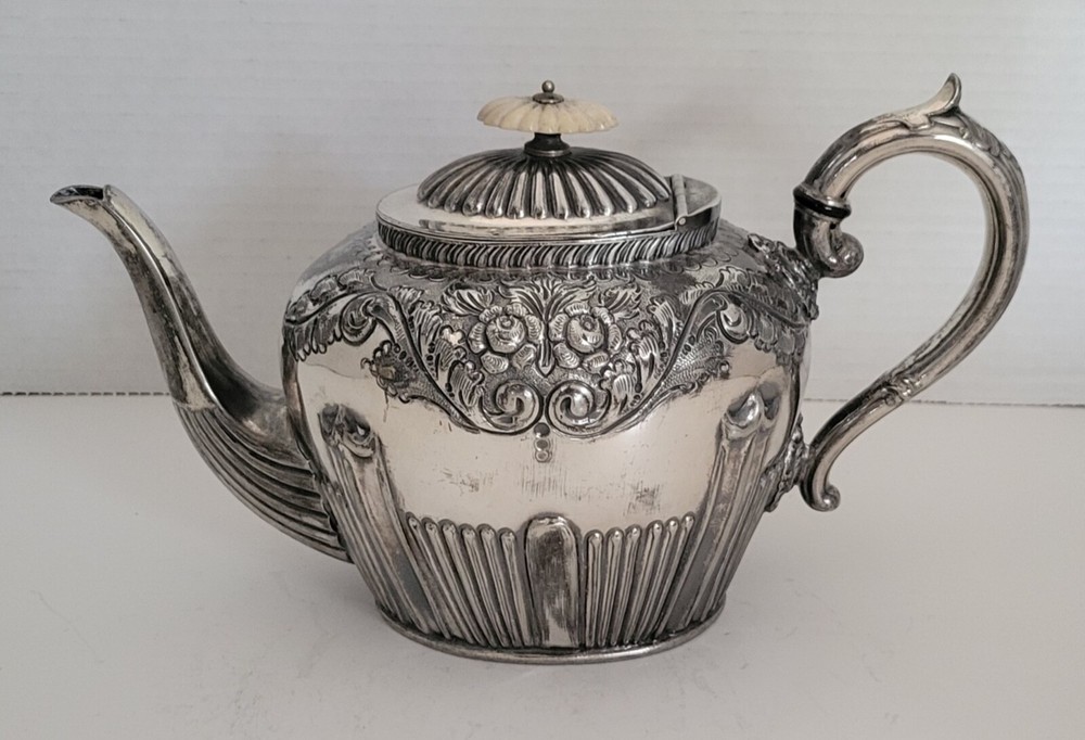 Antique Early Victorian Silver-Plate Repousse Teapot ~ Possibly Sheffield