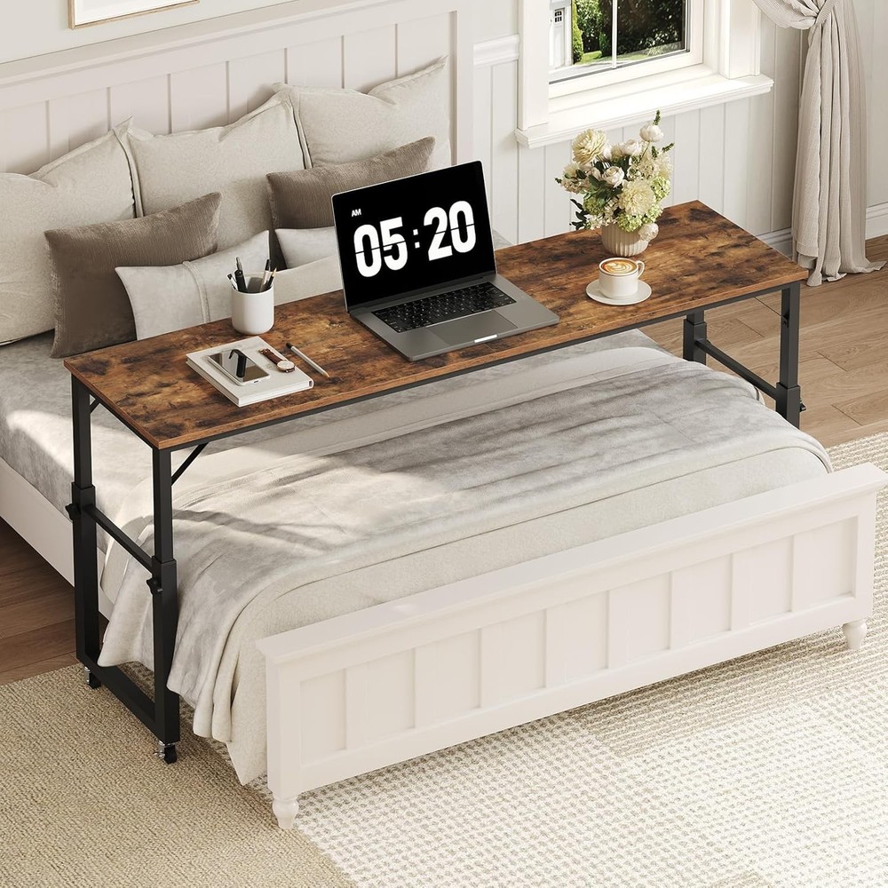 Overbed Table W/ Wheels Queen Size Mobile Bed Desk W/ Adjustable Height Rolling