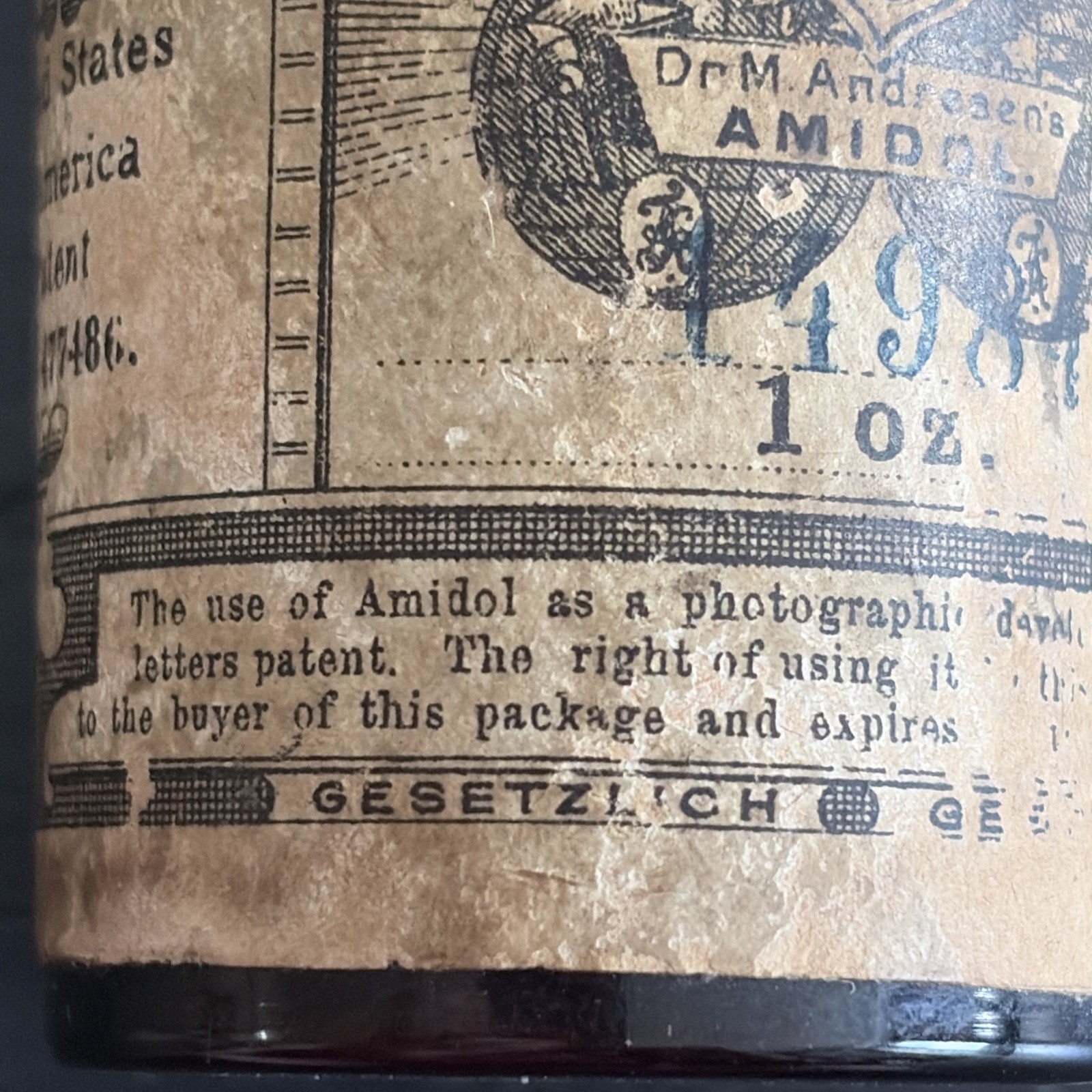 Antique Brown Bottle w Cork Photography Camera Amidol Solution GERMANY US PATENT