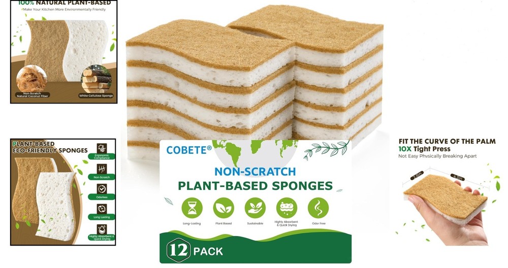 12 Pack Biodegradable Kitchen Sponges Non-Scratch Plant-Based Coconut Cellulose