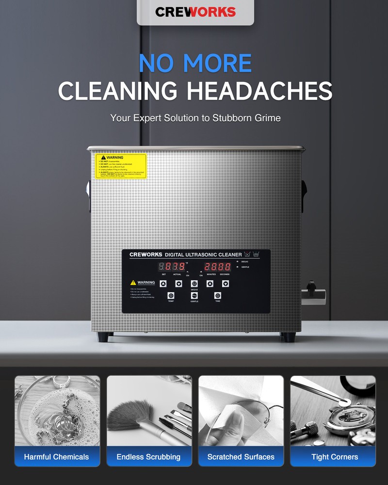 CREWORKS 6L Ultrasonic Cleaner with Control Panel 1-30 min. Timer & Degas Mode