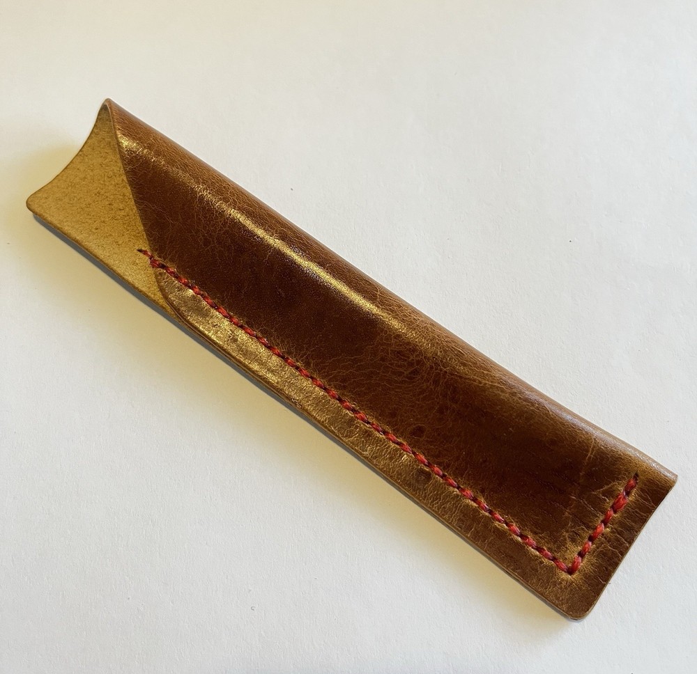 Brown Leather Pencil Case with Red Stitching Handmade