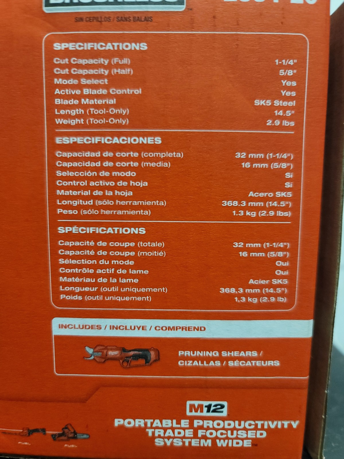 Milwaukee M12 12V Cordless Brushless Pruner Shears - Red (2534-20) NEW FREE SHIP