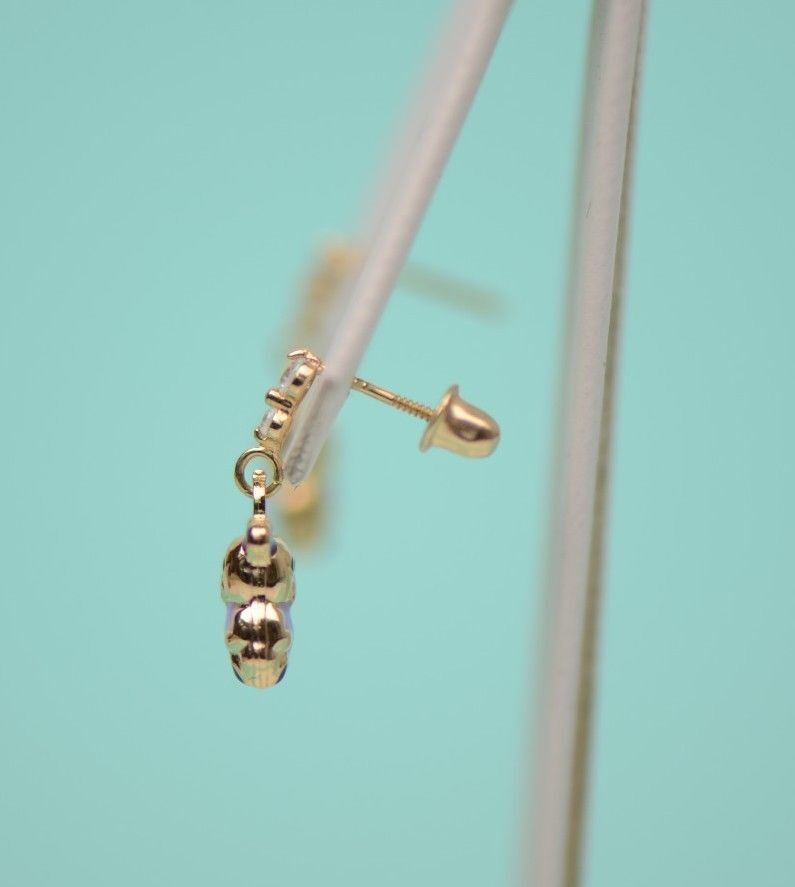 14K Solid Yellow Gold Teddy Bear Dangle Earring with Enamel