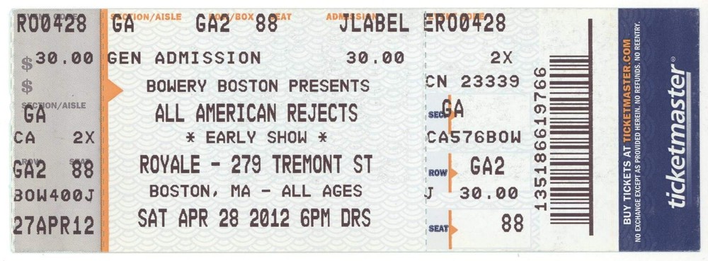 All American Rejects 4/28/12 Boston MA Concert Ticket!