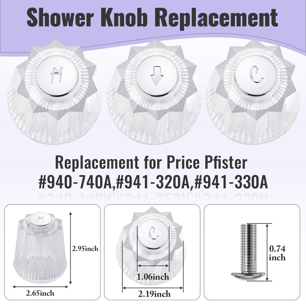 hansengroe Shower Knobs 3 Piece Replacement for Price Pfister Bathtub Clear