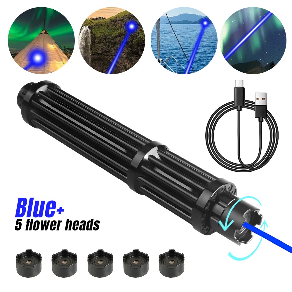 10W USB Charge Strong Blue Burning Laser Pointer Visible Beam Torch+5 Caps