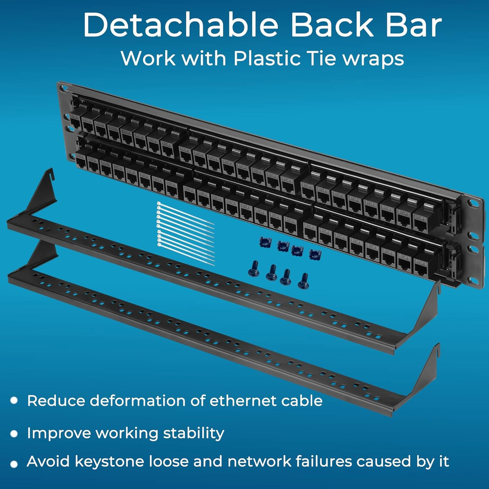 48 Port Cat6 Patch Panel with Inline Keystone 10G Support, Pass-Thru Coupler