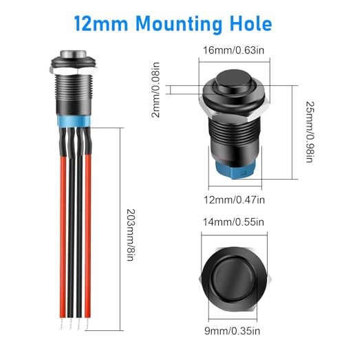 5Pcs 12mm Latching Push Button Switch, Waterproof SPDT ON Off Self-Locking