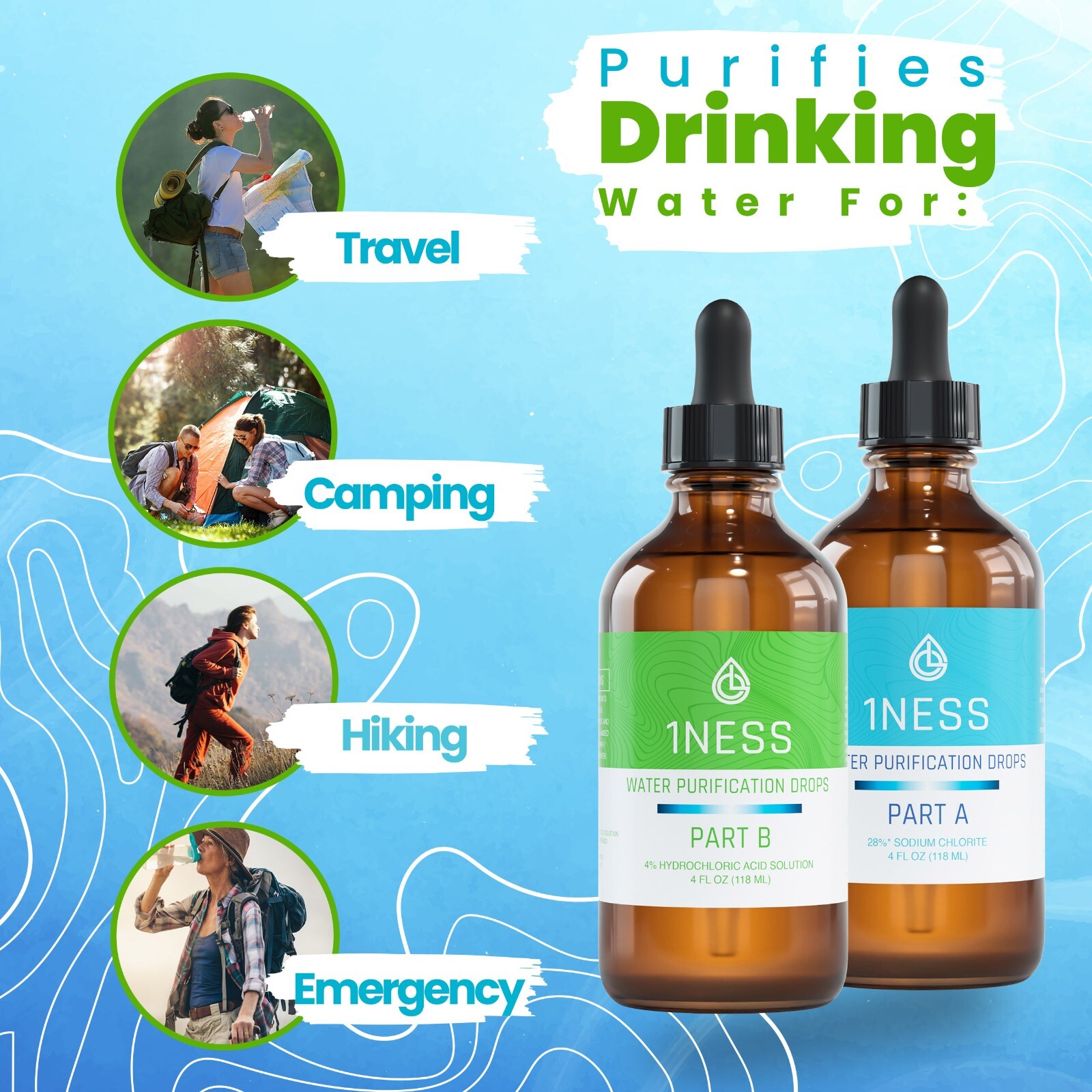 1ness Water Treatment Drops - Glass Bottles - 4oz Kit (HCLKit)