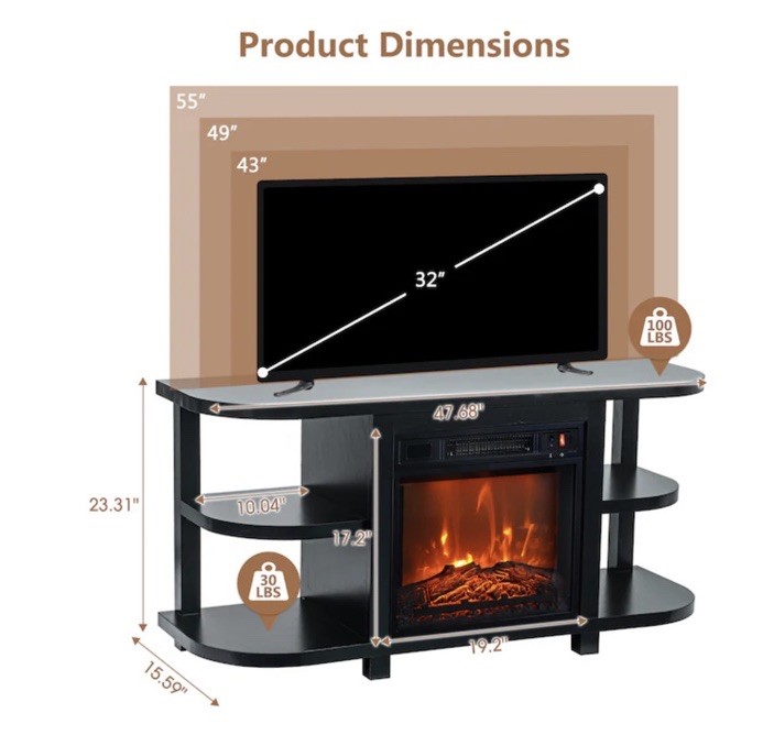 Black TV Stand with Fireplace, Shelves, Wood Glass, Fits up to 55" TV, 47.68"