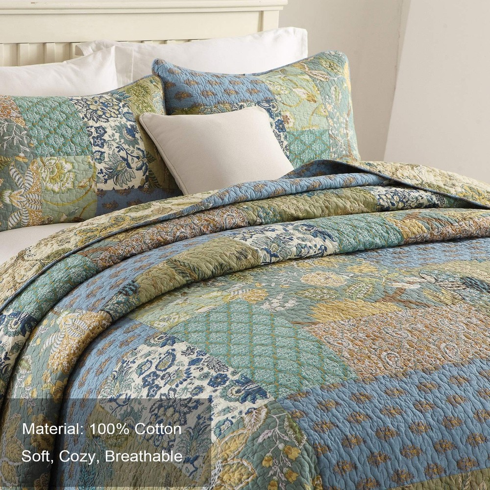 Cotton Bedspread Quilt Sets King Size, Reversible Bohemian Floral Patchwork w...