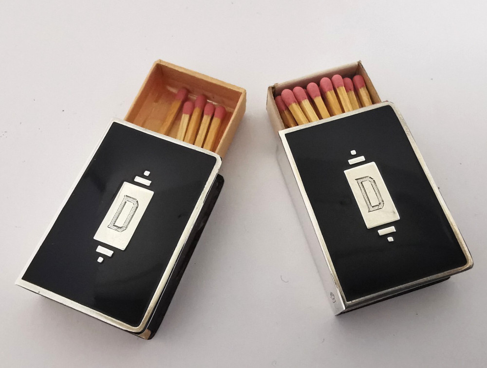 Pair Of Solid Silver & Enamel Match Box Holders.