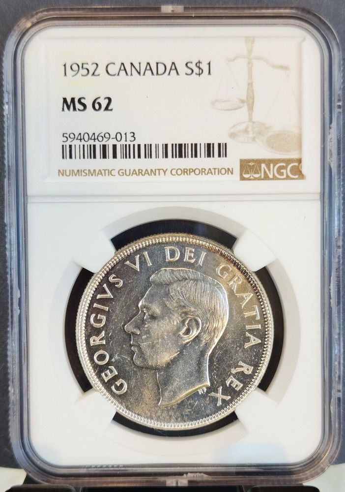 1952 CANADA SILVER 1 DOLLAR $1 GEORGE VI WITH WATER LINES NGC MS 62 NICE LUSTER