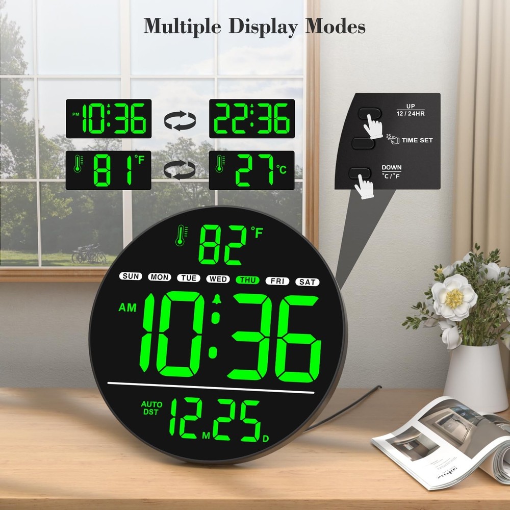 WallarGe Large Digital Wall Clock with LED Display, Electric Wall Clock with ...