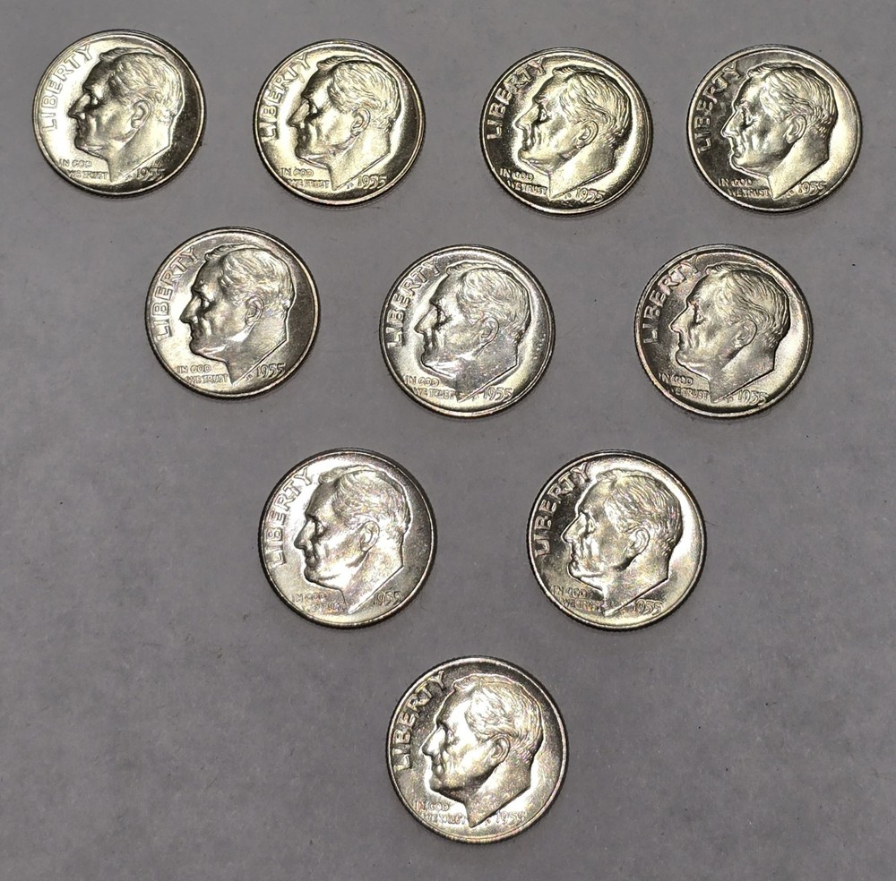 10 × 1955-D Roosevelt Silver Dime Gem BU
