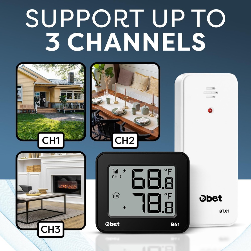 OBET Indoor Outdoor Thermometer Wireless 1 Sensor, Black