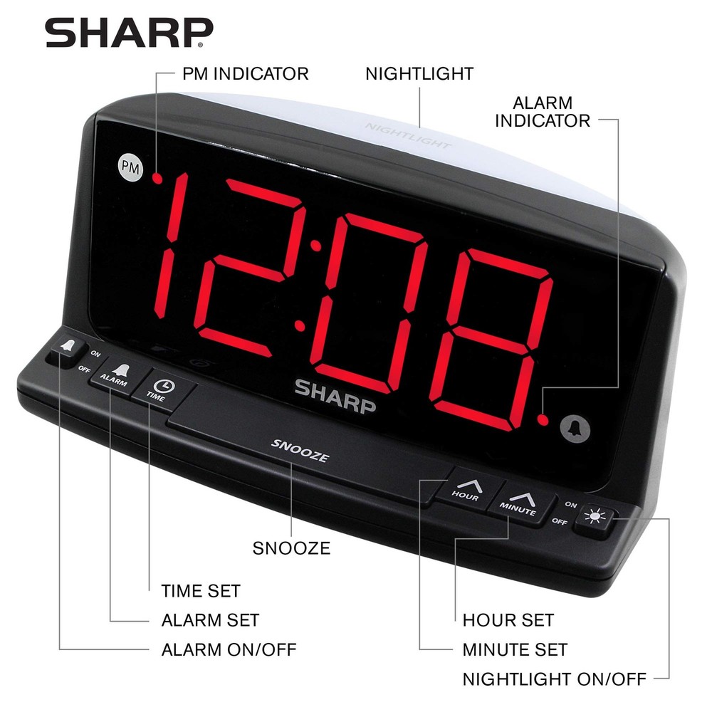 Sharp LED Digital Alarm Clock – Simple Operation - Large, Black - Red Led