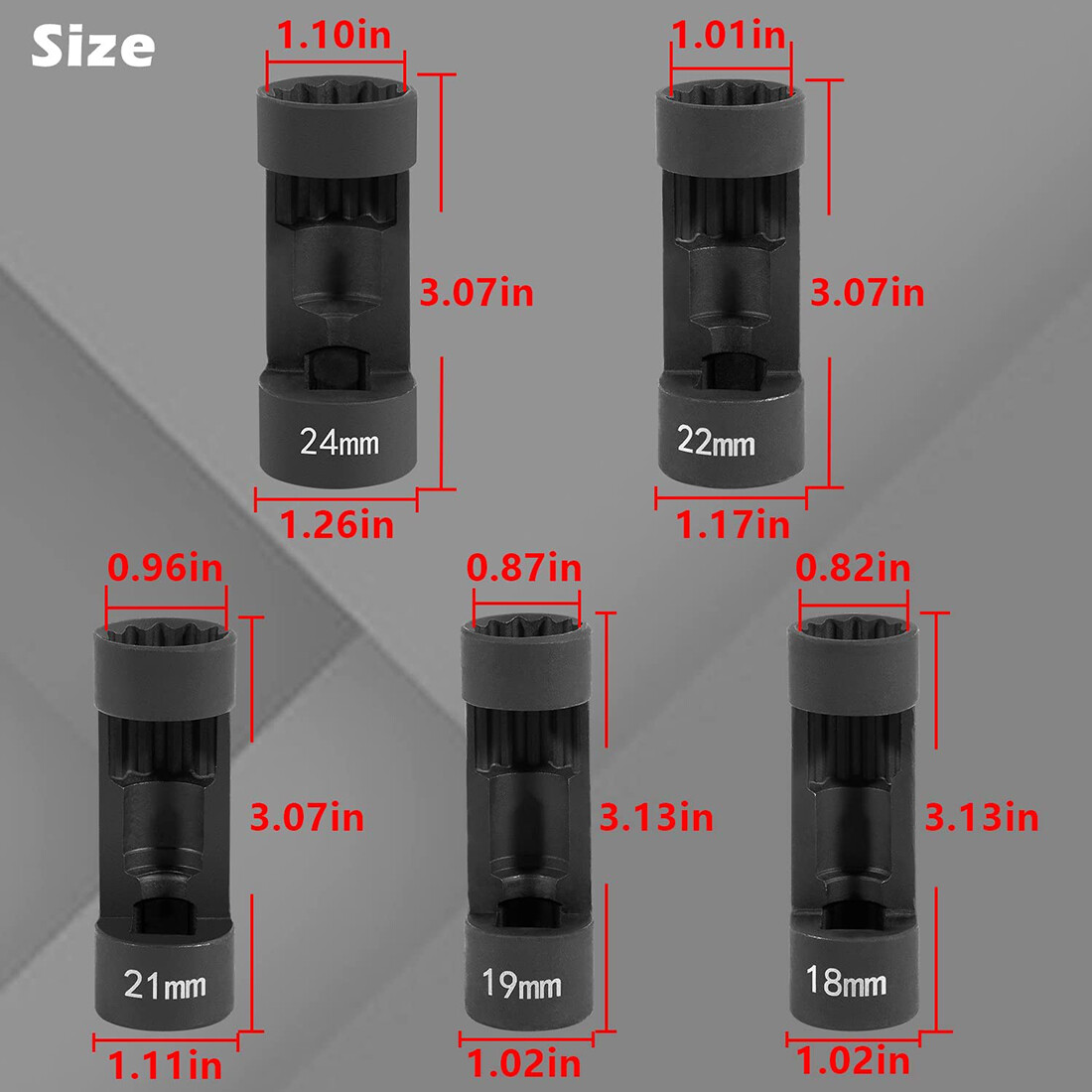 5pc Suspension Strut Nut Socket Set 18mm 19mm 21mm 22mm 24mm 12 Point 1/2" Drive